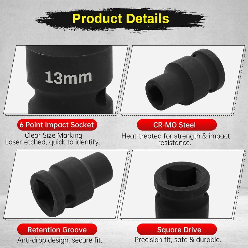 SUNKOO 1/2 Inch Drive 13mm Deep Impact Socket, CR-MO 6 Point Heavy Duty Metric Axle Nut Socket for Easy Removal of Axle and Wheel Hub Nuts - Image 3